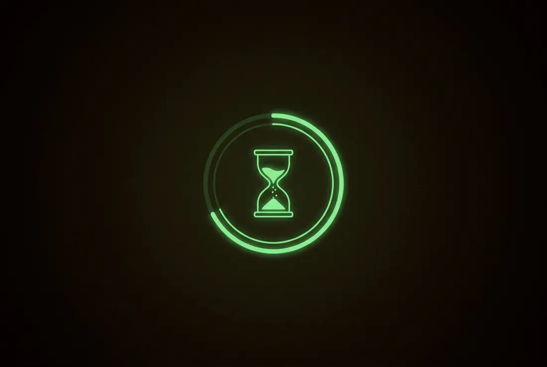an hourglass mid-fall ringed by a progress arc - decay on a schedule