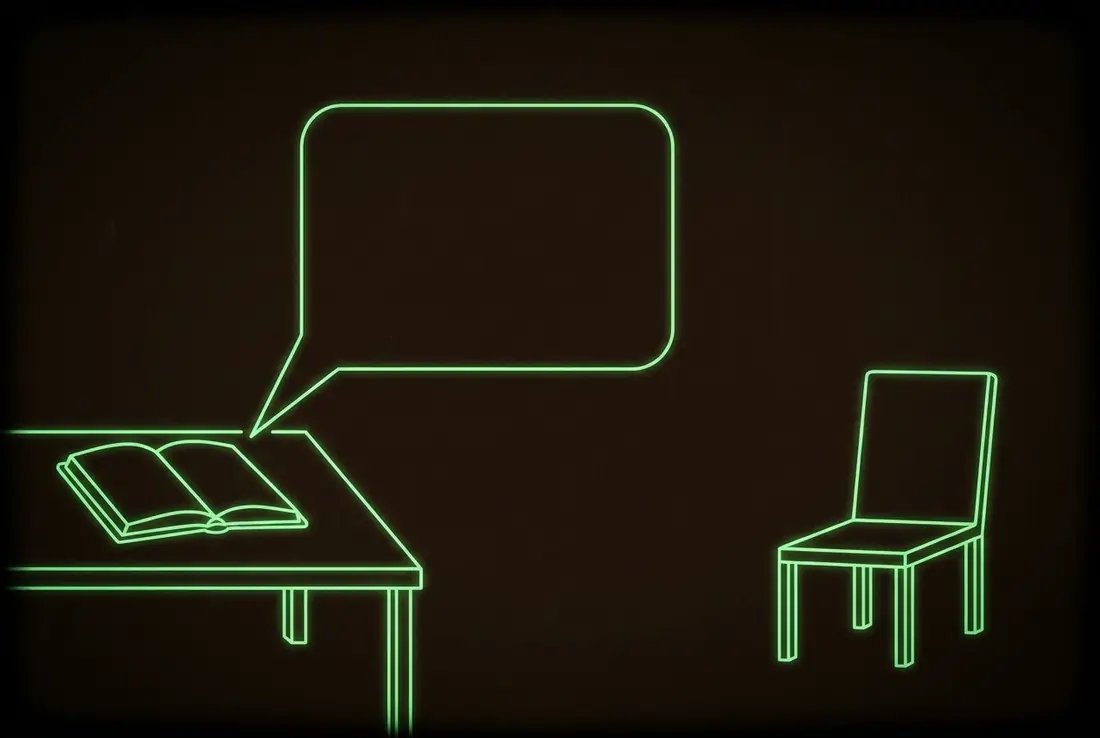 an open book projecting a speech bubble toward an empty chair - the teach-back