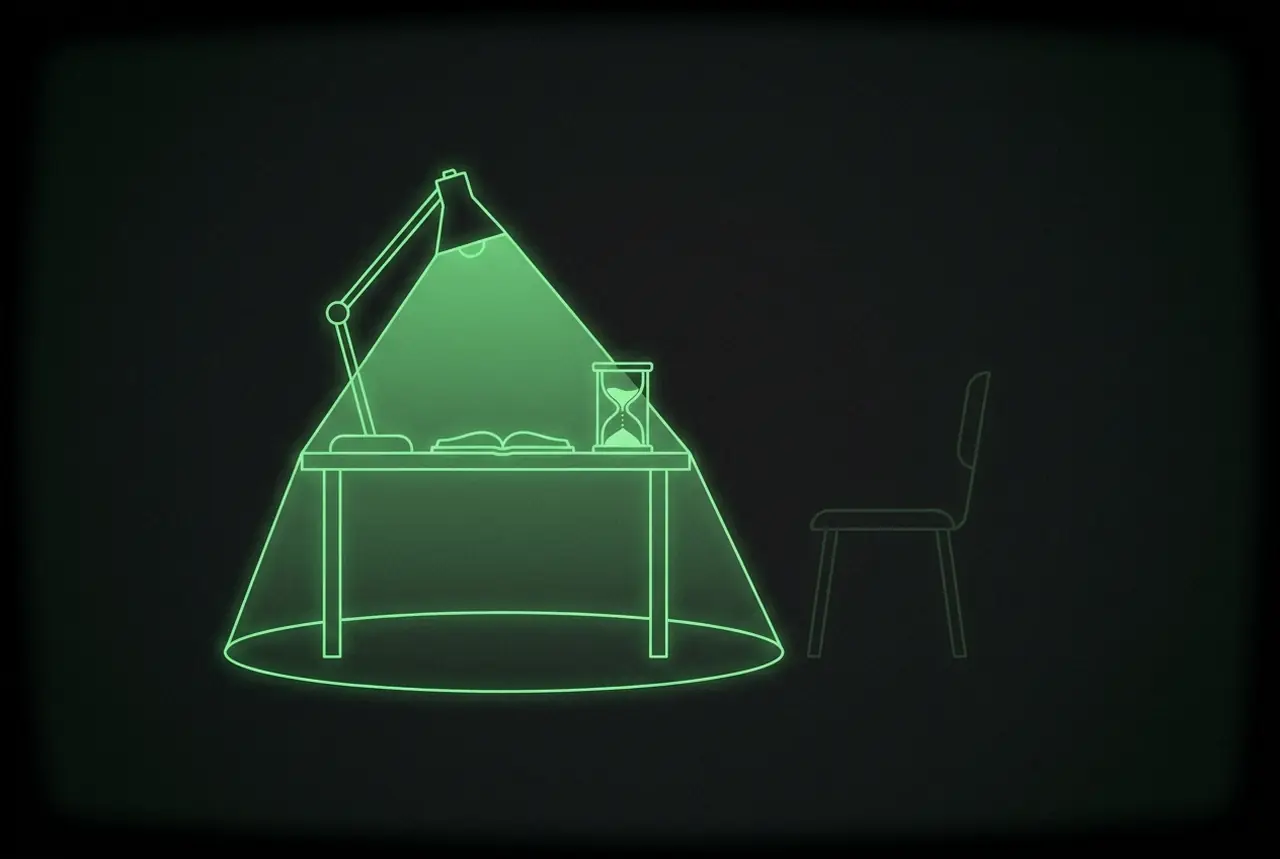 a desk in a cone of green lamplight, an open book and hourglass inside, an empty chair at the light's edge