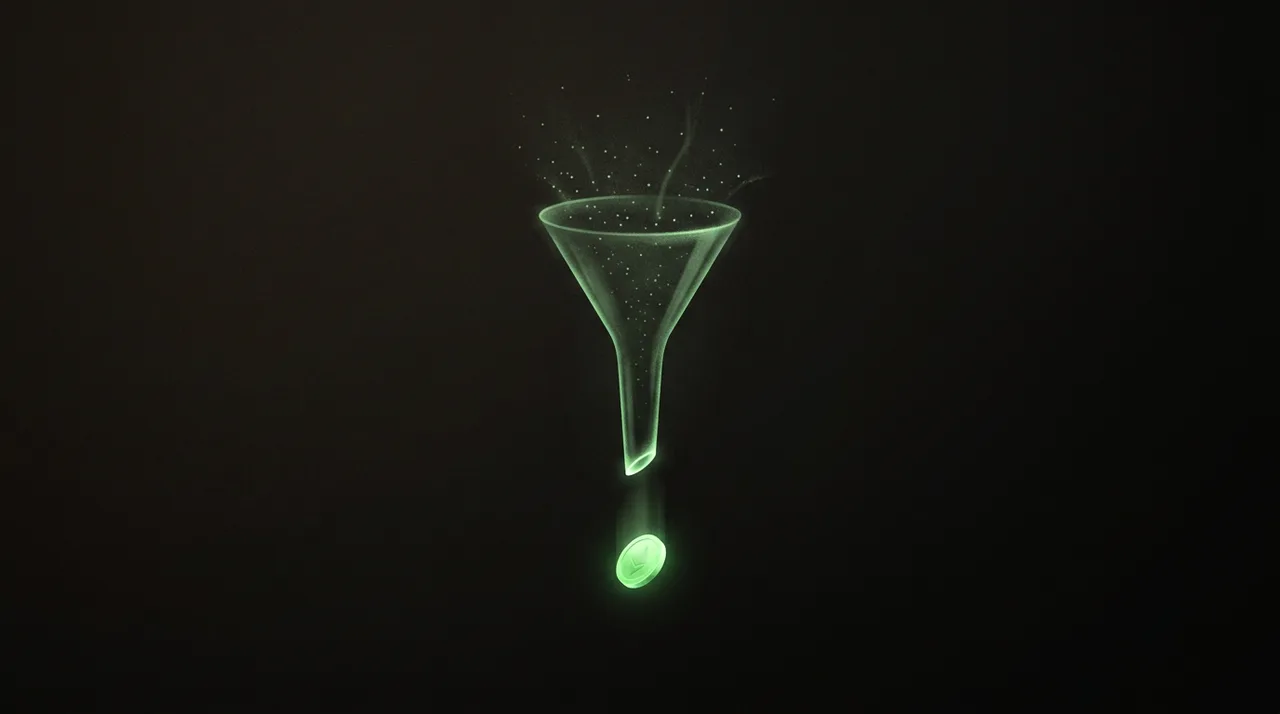 a green funnel in darkness, many faint dots entering the top, one bright coin dropping out