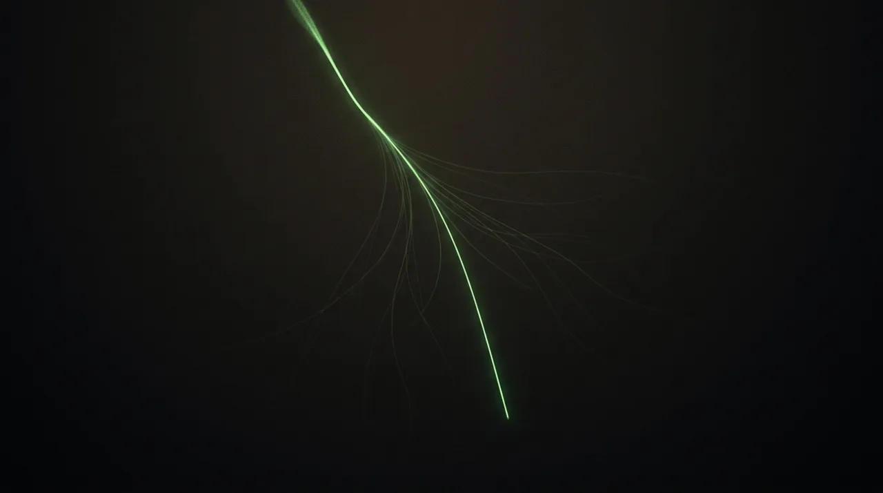 one thread of green light splitting into many faint threads and a single bright one