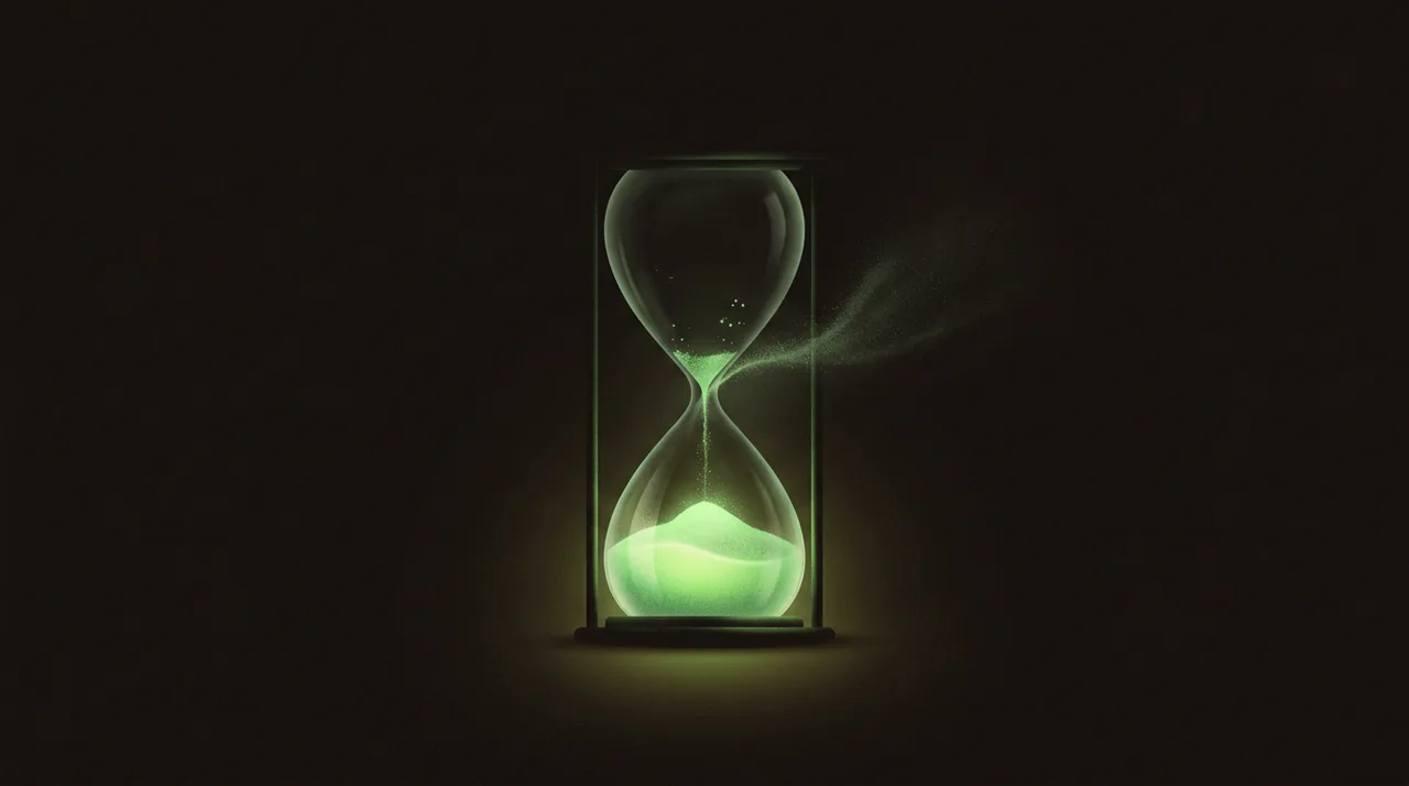 an hourglass of green sand nearly run out, dust escaping into the dark