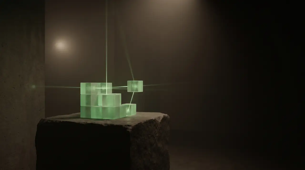 thin green light assembling a small structure block by block in the dark