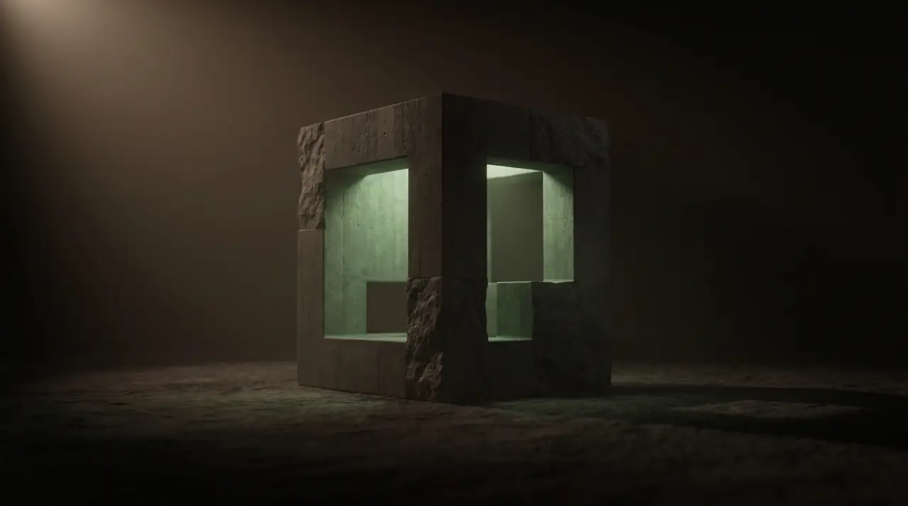 a finished minimal green-lit structure standing alone in darkness
