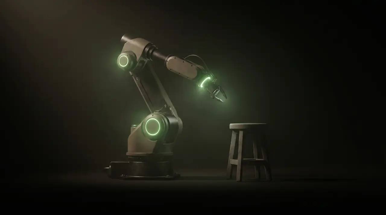 one green-lit robotic arm working beside an empty stool in darkness
