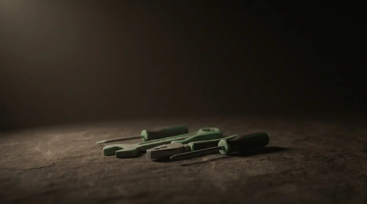 a small set of distinct green-edged tools arranged on dark stone