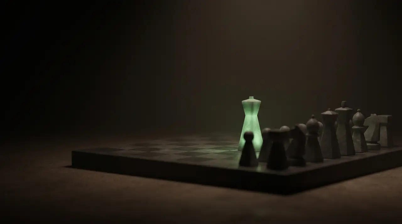 a dark chessboard with a single green-lit piece moving several others