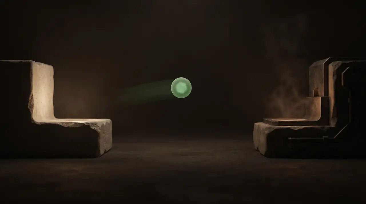 a glowing green task token passing from a bright node to a working node
