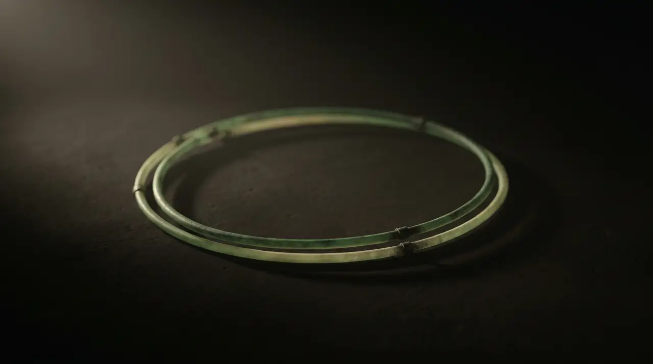 a quiet closed loop of thin green pipes carrying light in the dark