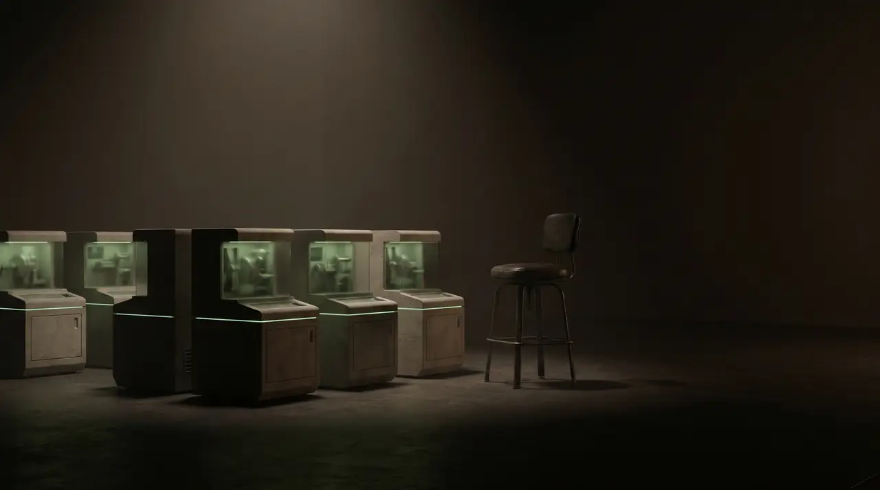small machines running on green light with one empty human seat