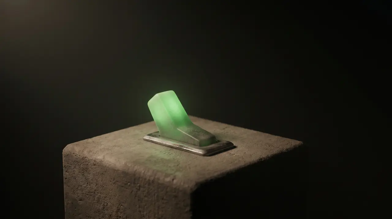 a single green toggle switch glowing in darkness, flipped on