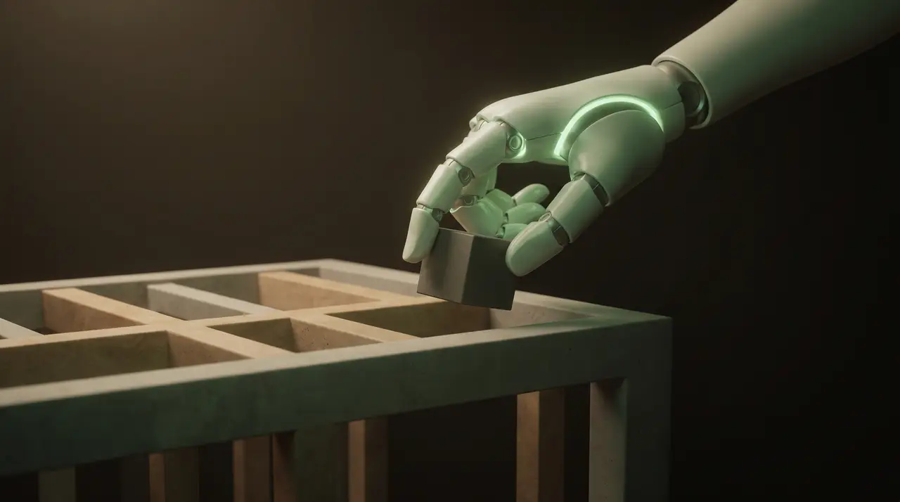 a green robotic hand placing a final block into a clean lattice