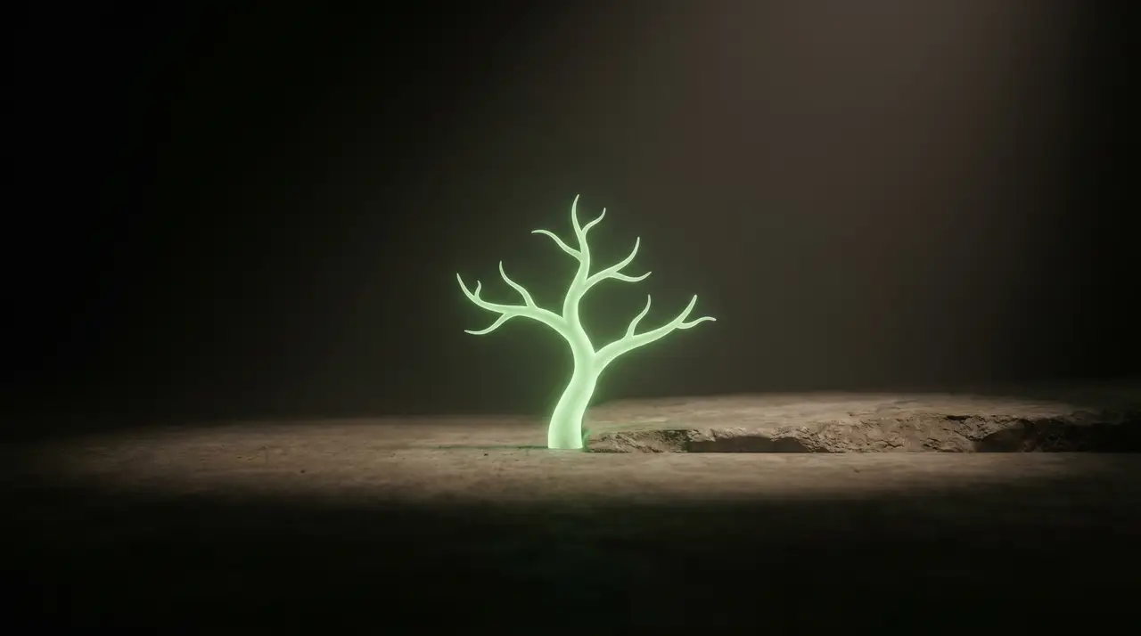 a green seed growing into a small tree of light, compounding