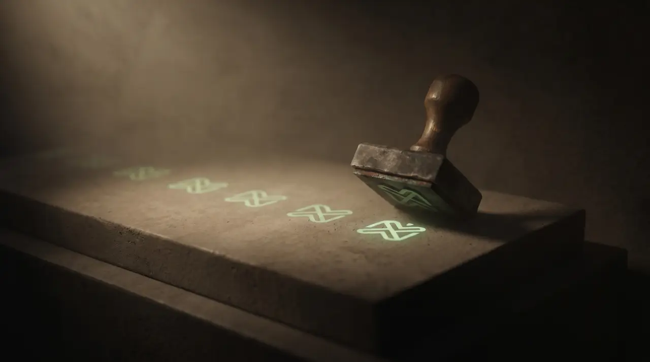 a green stamp pressing identical glowing marks with one unique