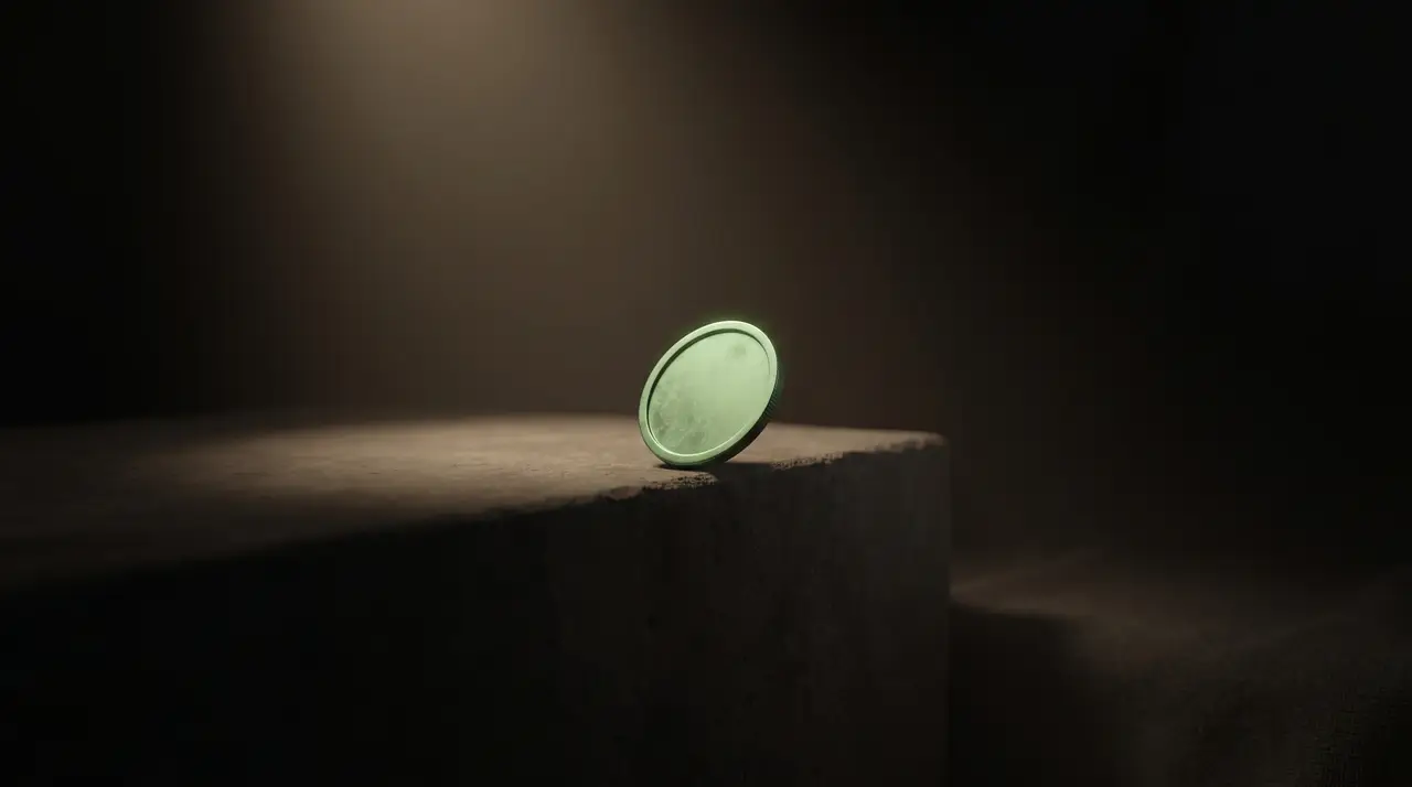 a small green coin balanced on the thin edge of a box, dark