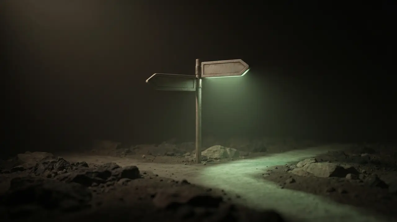 a single green-lit signpost with diverging paths on dark ground, one path glowing