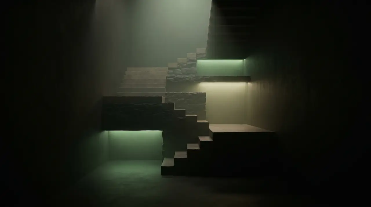 a steep dark staircase of three landings lit progressively brighter green, ascending into darkness