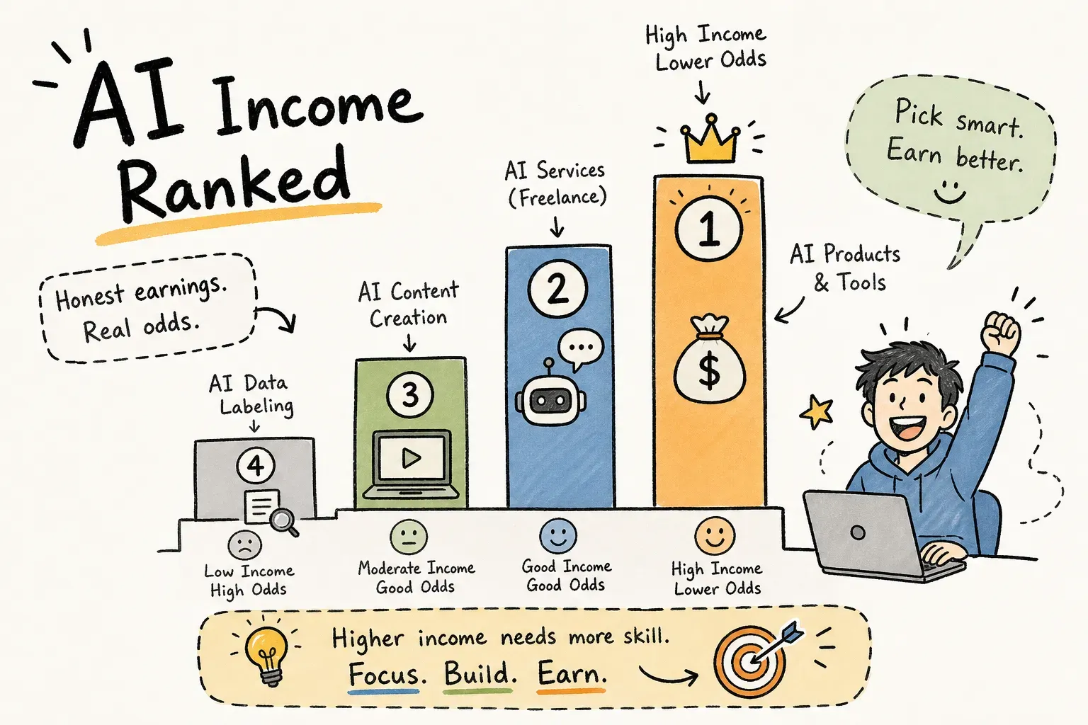 ai income methods ranked - tiers from fast-and-low to high-and-slow