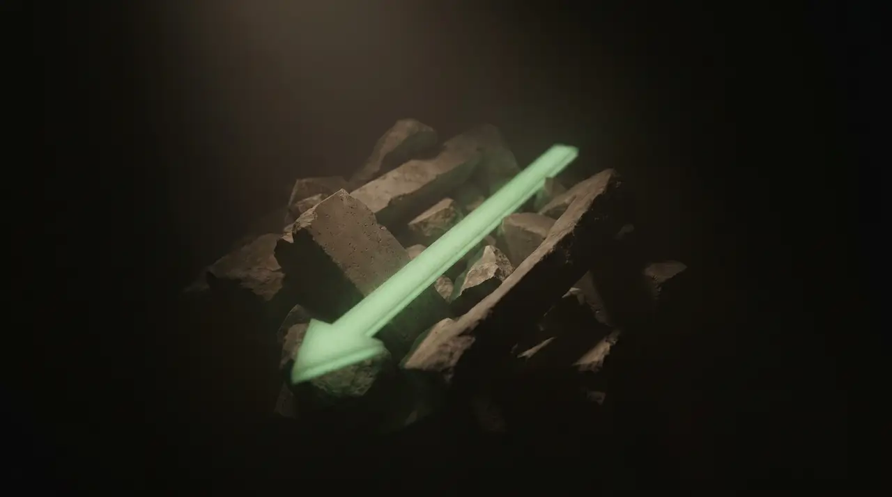 a green arrow of light cutting a straight path through dark tangle