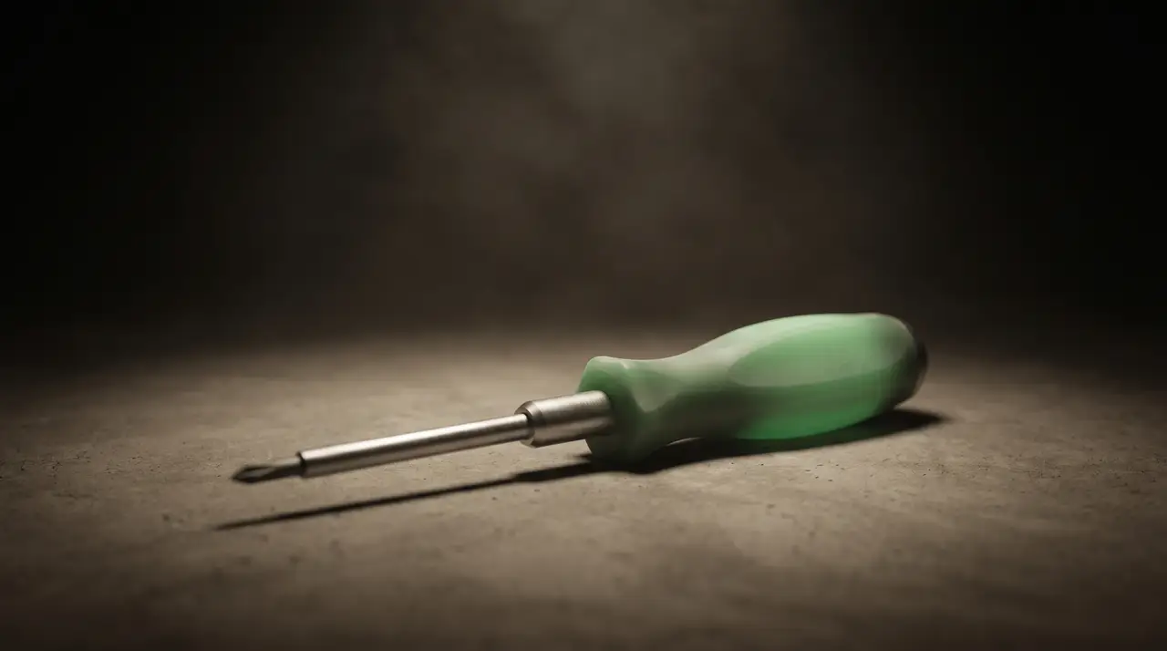 a single essential green tool spotlit in darkness, rest fading