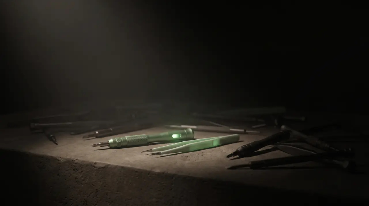 a few green-lit tools on dark stone among many discarded dim ones