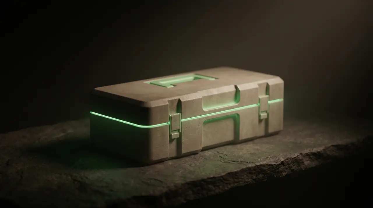 a clean green toolbox closed in empty dark space