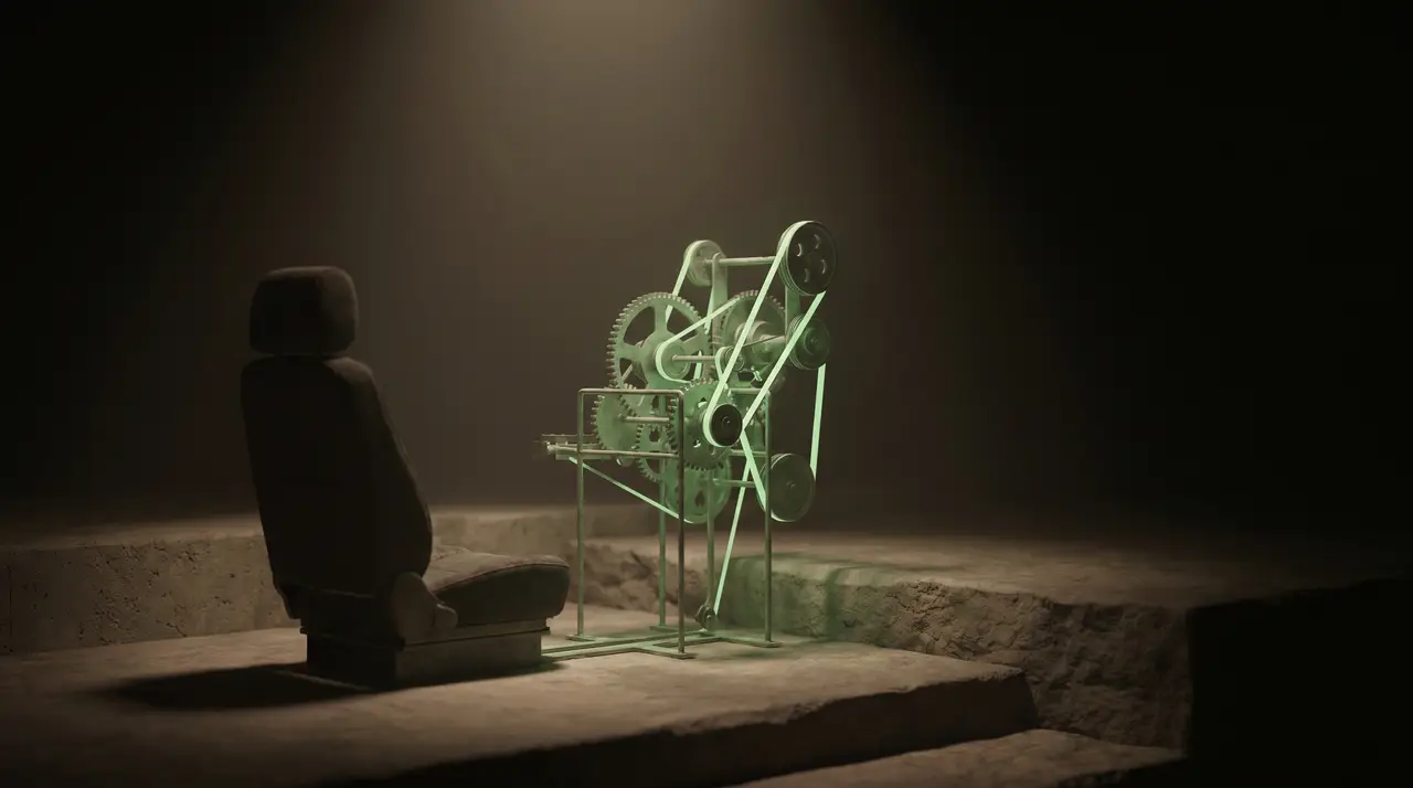 a quiet machine of thin green gears and belts with one empty seat at the controls