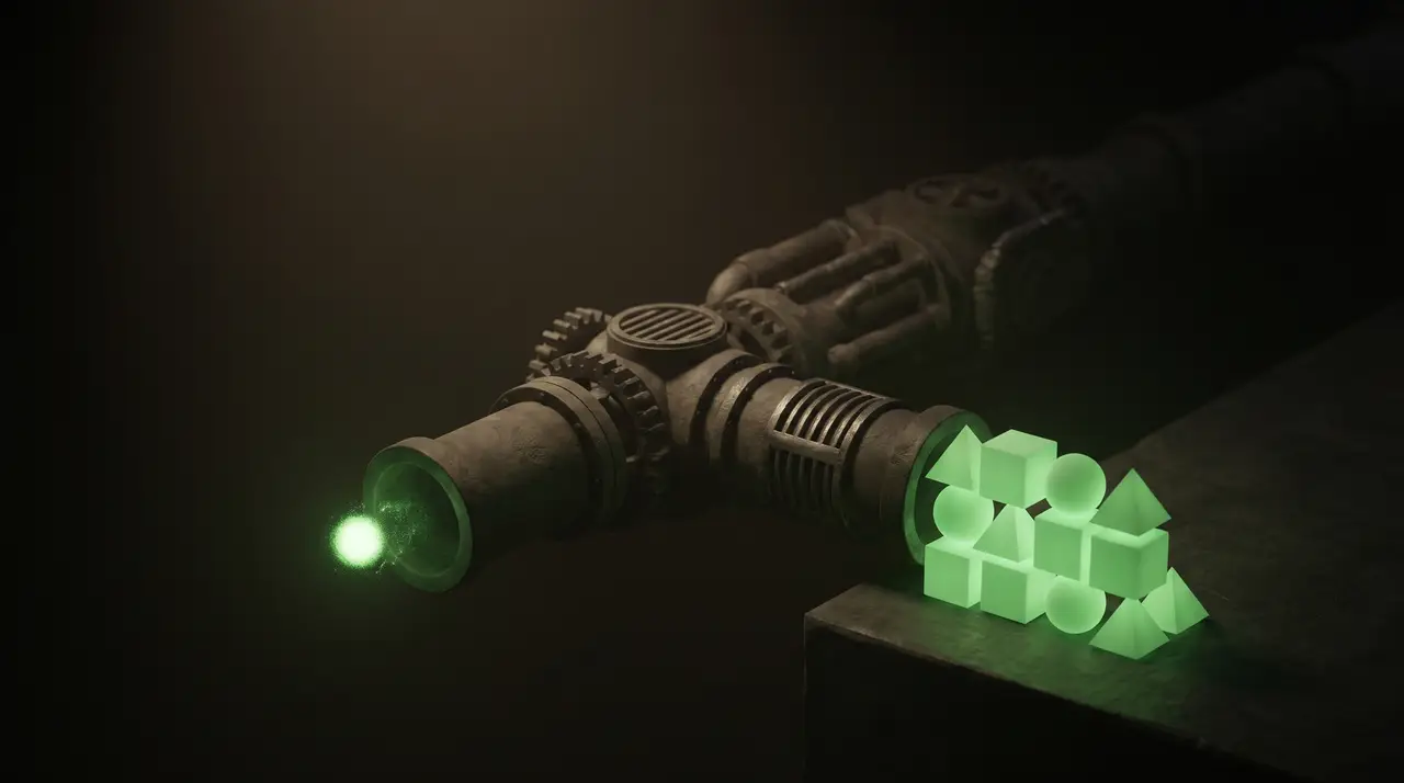 a single green spark of an idea entering a dark mechanical pipeline that outputs neat shapes