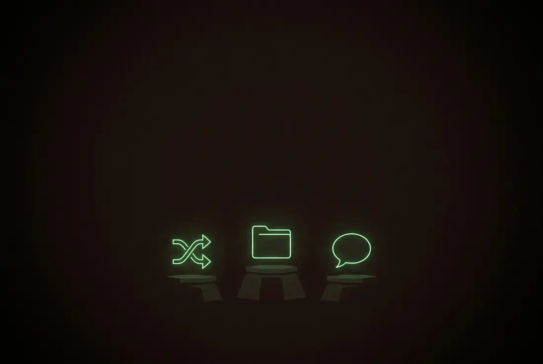 three pedestals holding the three tool shapes: linked arrows, a folder, a speech bubble