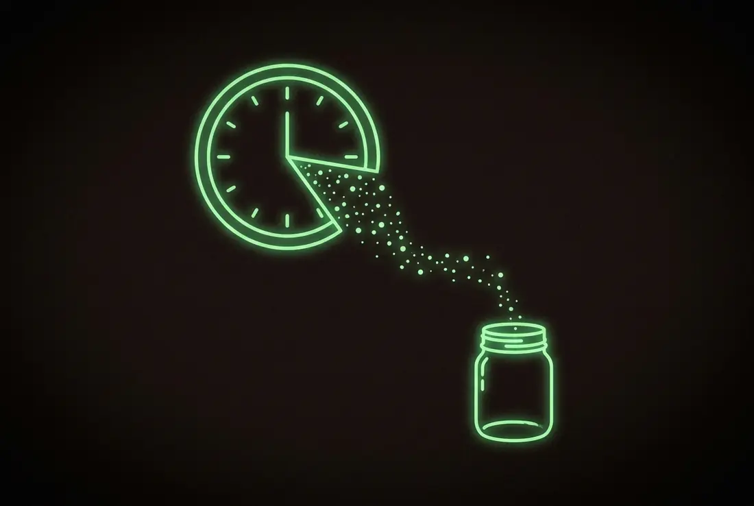 a clock face dissolving into particles that collect in a jar - the hour bought back