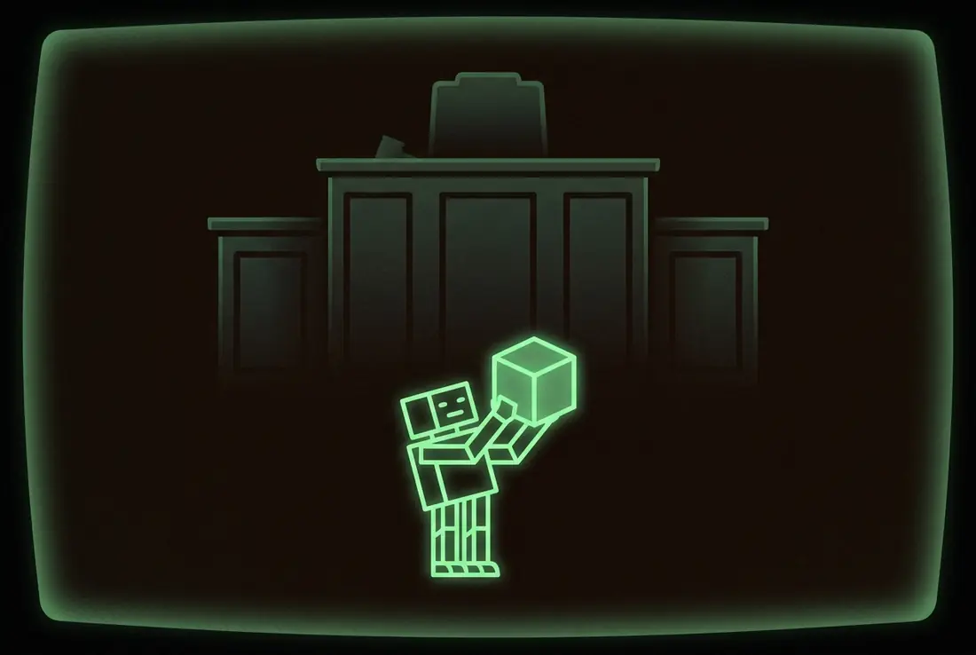 a robot offering a finished cube up toward an empty judge's bench - the judgment stays yours