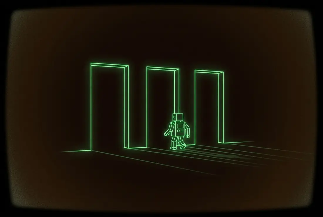 a small robot choosing between three glowing doorways - the three tests