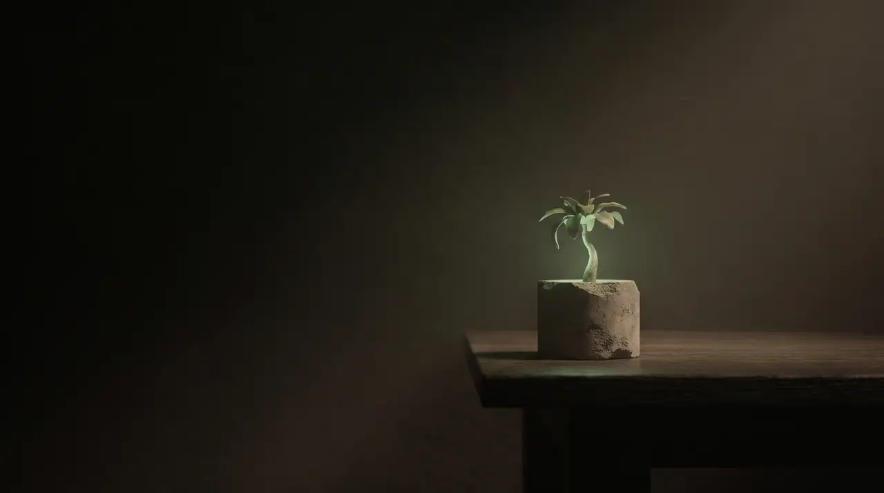 a small green plant in a pot on the edge of a dark desk