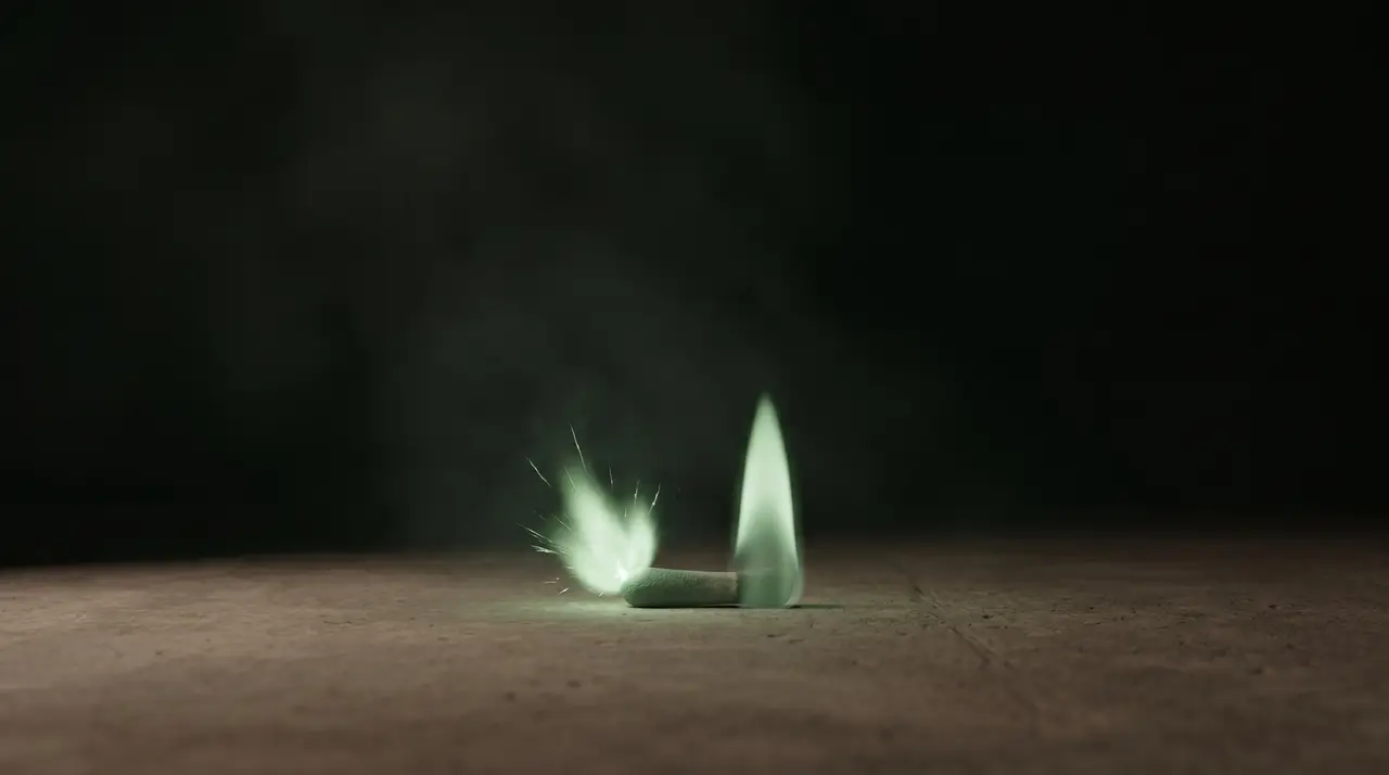 a green spark igniting beside a steady main green flame, dark