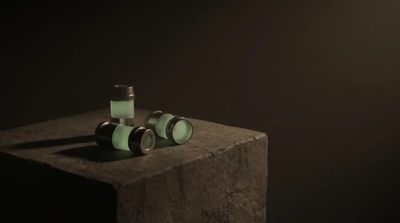 three small green tools casting long shadows on dark stone