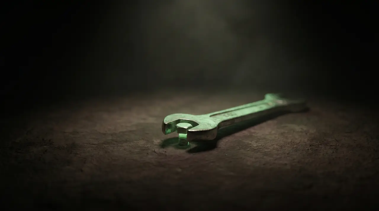 a single green wrench turning a small glowing bolt in the dark