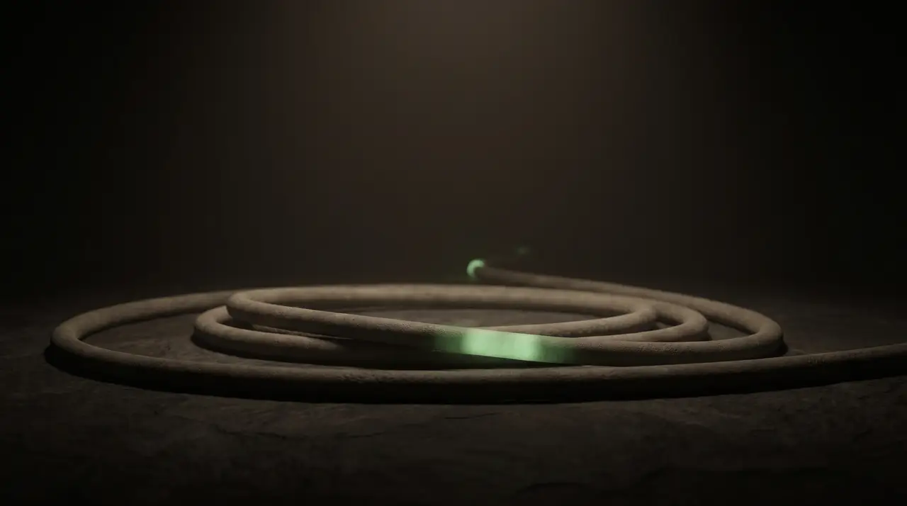 a quiet green pulse traveling along a cable into darkness