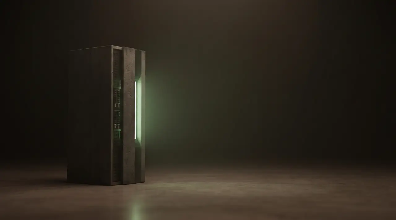 a solid green-lit server monolith standing alone in dark fog