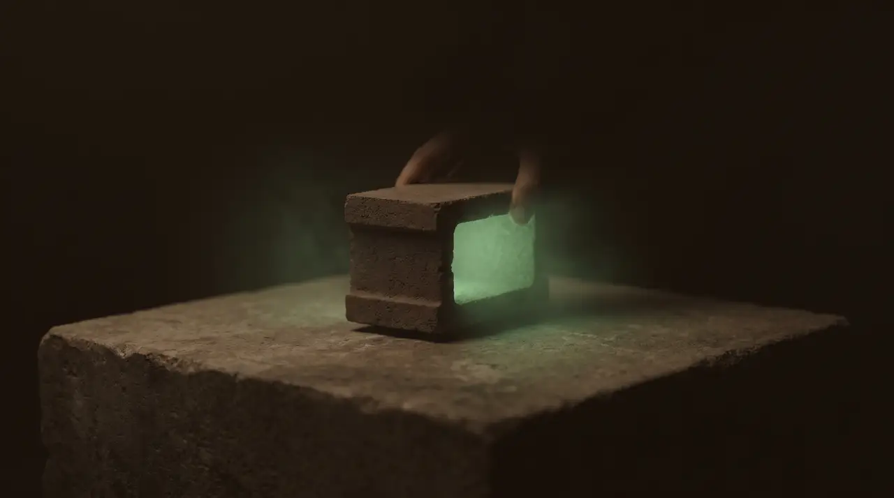 a small green building block being set down, minimal, dark