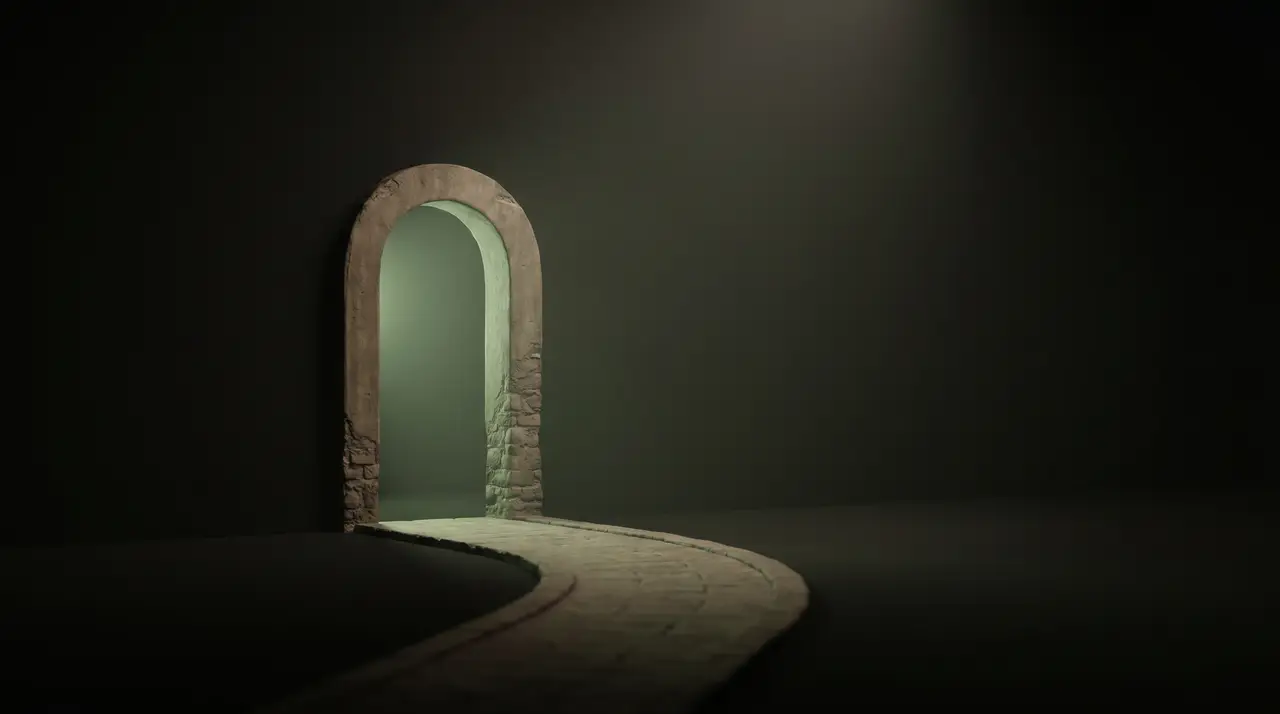 a single green-lit doorway with a gentle path leading in, dark