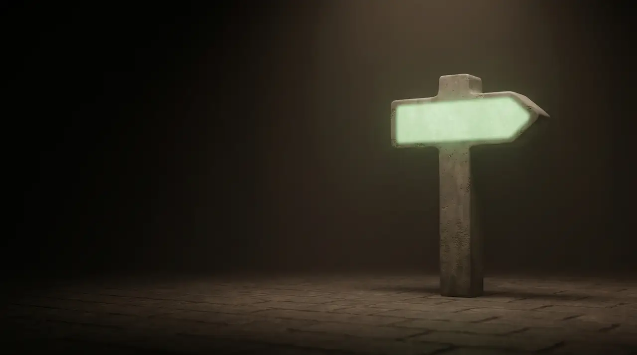 a green-lit signpost pointing one clear way in the dark