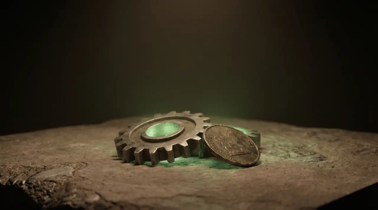 a single green gear and coin resting together on dark stone