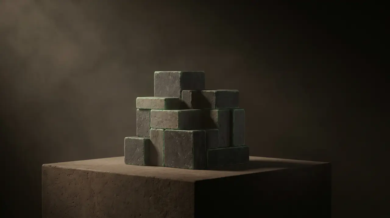 modular dark building blocks with green edges neatly assembled, minimal