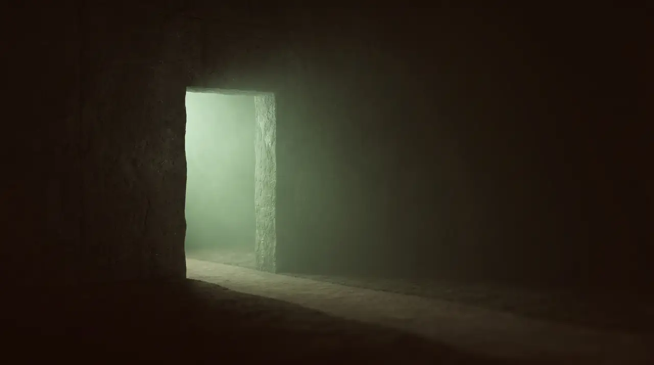 an open green-lit doorway in a dark wall with a clear path leading out