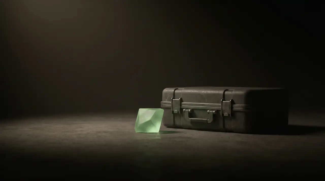 a green-light key beside a dark portable case in empty space