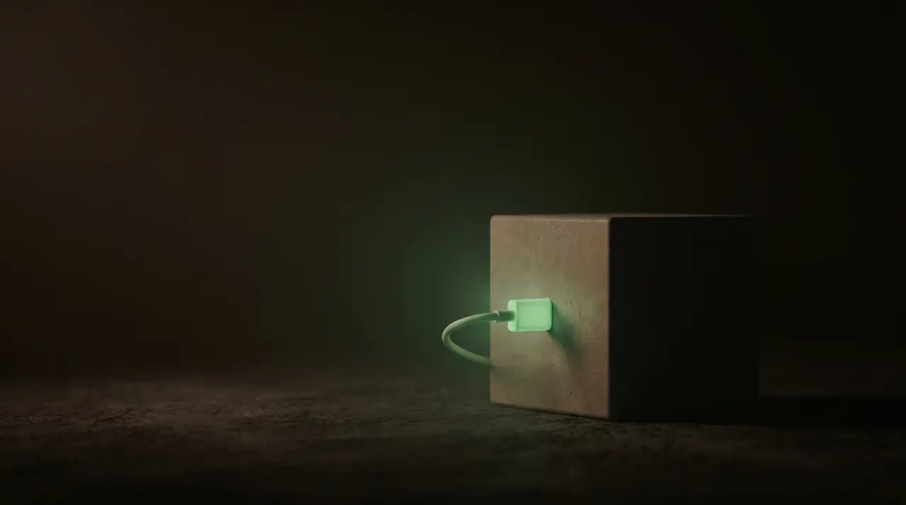 a solid green server cube with a small glowing plug, dark