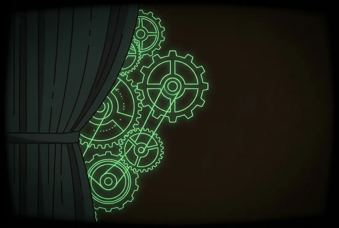 a heavy stage curtain pulled slightly open, glowing gears visible backstage