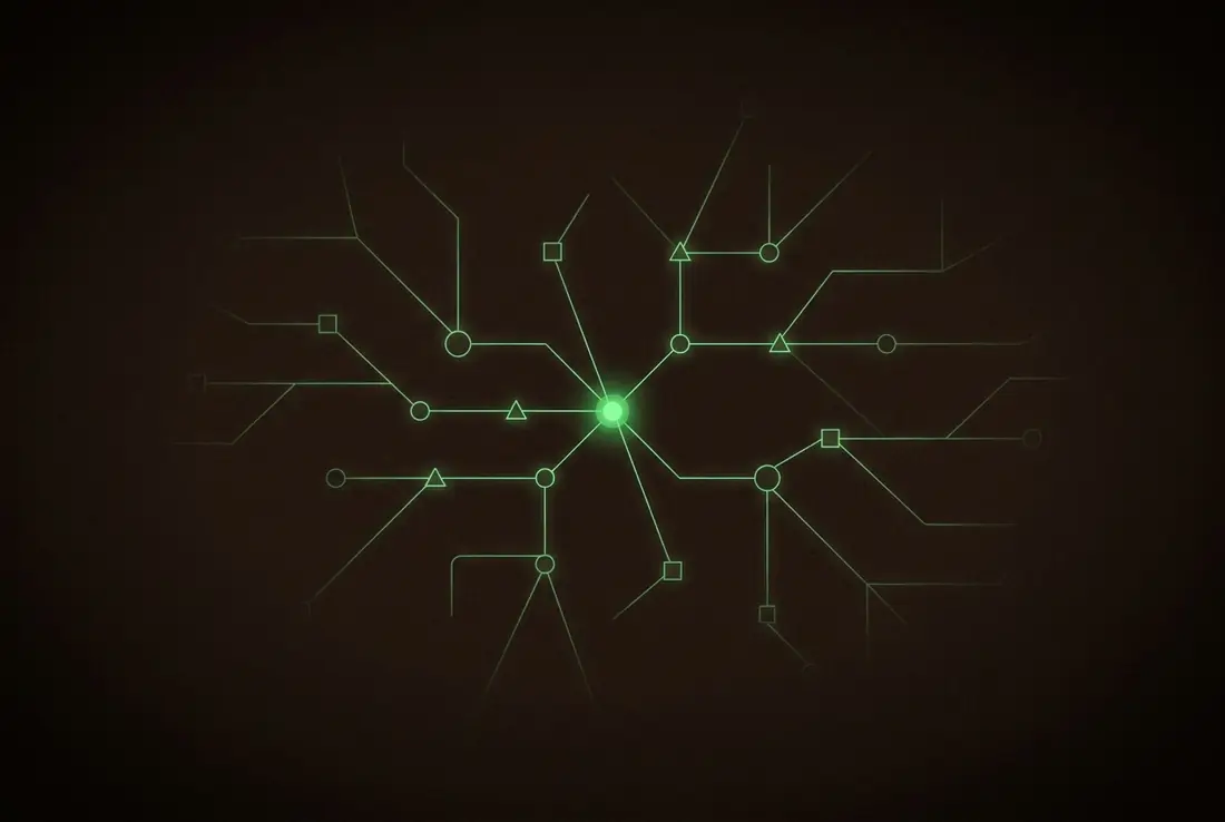 a glowing mind map of nodes and branches radiating from one bright central dot