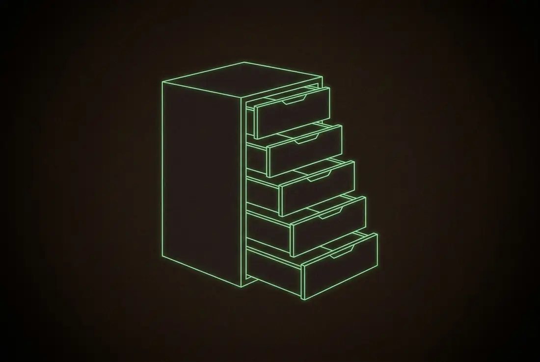 a dark cabinet with five glowing drawers, each pulled open to a different depth