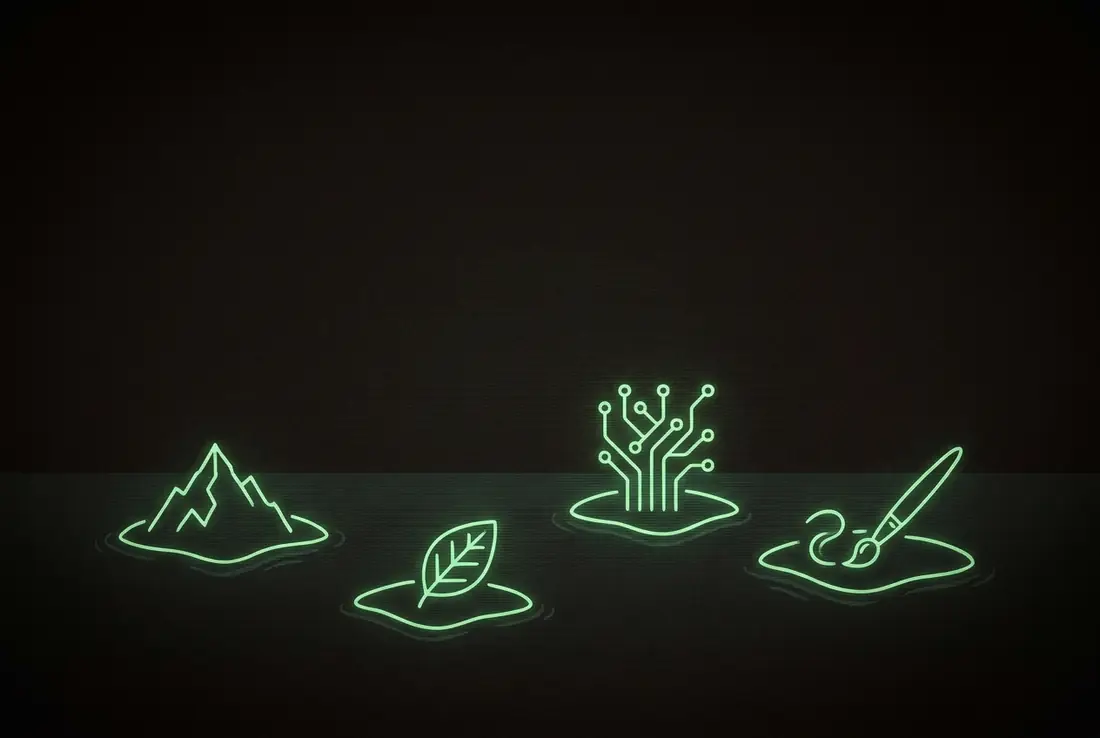 four small glowing islands in a dark sea, shaped like a mountain, a leaf, a circuit, and a paintbrush